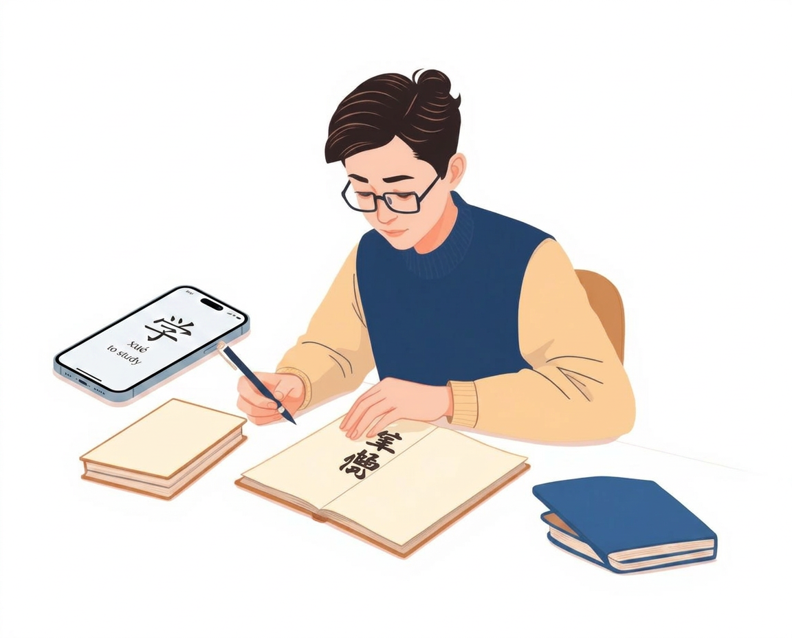 Student practicing Chinese characters